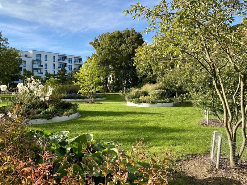 Blick über die Beete des alten Parks im Landesgartenschaugelände von 2018. Landesgartenschaupark 2018